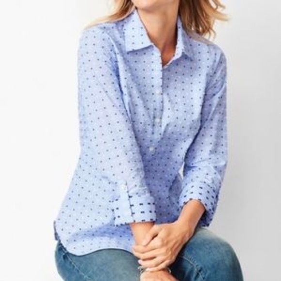 Talbots Women Petite S Blue/White Polka/Swiss Dot Long Sleeve Button Blouse - Picture 1 of 10